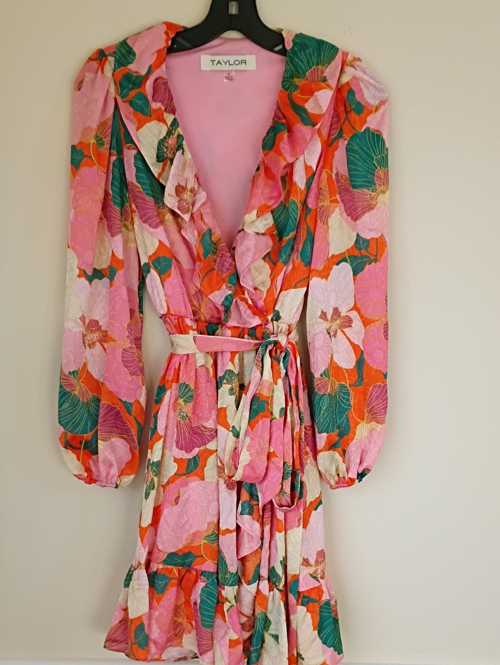 Taylor Long-Sleeve Floral Wrap Dress in Pink, Orange & Green
